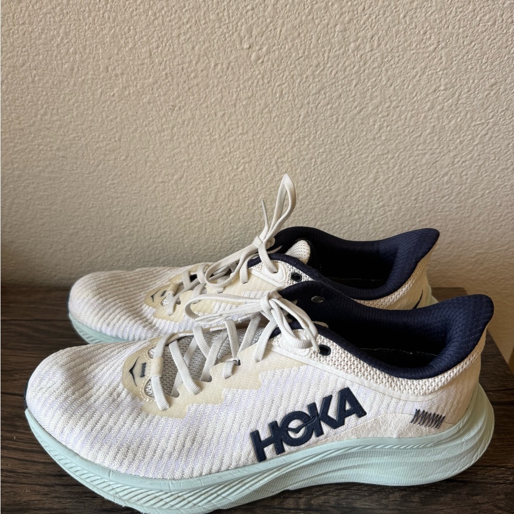 HOKA White and Blue Running Shoes